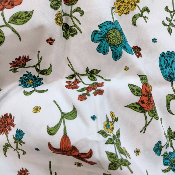 Vintage Mid-Century Floral Fabric, Day Lilies Tulips Mums, Blue Orange Yellow - Picture 2 of 10